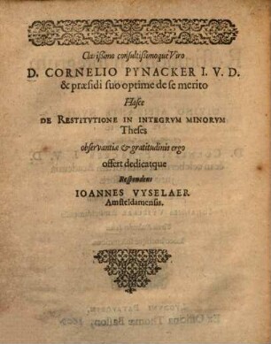 Theses Ivridicae De Restitutione in integrum minorum