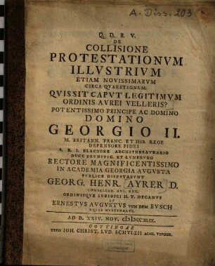De collisione protestationum illustrium etiam novissimarum circa quaestionem: Quis sit caput legitimum ordinis aurei velleris?