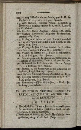 IV. Scriptores Veteres Graeci Et Latini, Aliique Libri Ad Philologiam Referendi.