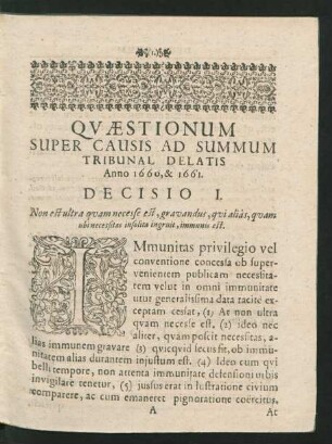 Quaestionum Super Causis Ad Summum Tribunal Delatis Anno 1660, & 1661. Decisio I. - C.