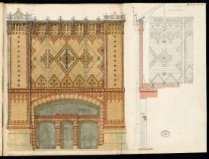 Bahnhof Börse der Stadtbahn, Berlin Monatskonkurrenz Oktober 1878: Aufriss Seitenansicht, Teilquerschnitt; Maßstabsleiste