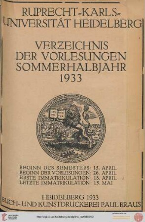 Personalverzeichnis und Vorlesungsverzeichnis: Verzeichnis der Vorlesungen Sommerhalbjahr 1933