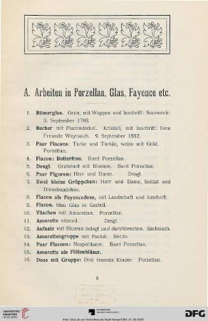 Arbeiten in Porzellan, Glas, Fayence (Nr. 1-96)