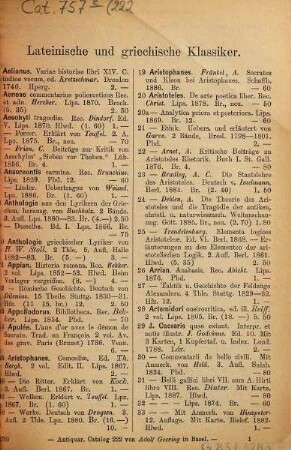 Antiquarischer Catalog von Adolf Geering in Basel. 222. [ca. 1891]
