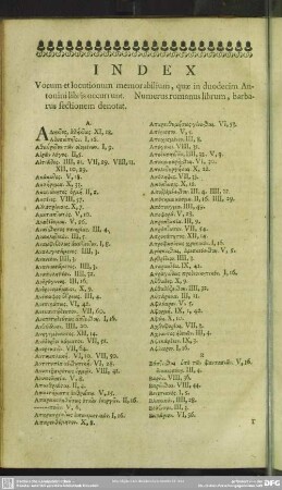 Index Vocum et locutionum memorabilium, quae in duodecim Antonini libris occurunt. Numerus romanus librum, barbarus sectionem denotat