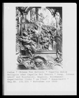 Tür der linken Nische mit Antoniusszenen und Tugenden — Ezzelino da Romano kniet vor dem heiligen Antonius