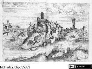 Discorsi sopra l'antichità di Roma., Tafel 37: Haec ostendit Insulam in Tiberi, pontem Fabricii, et pontem Cestii.
