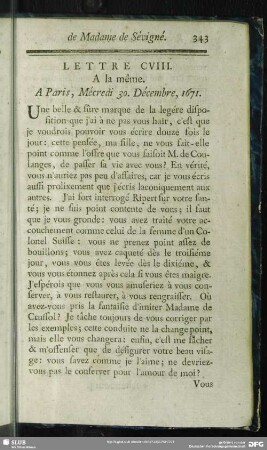 Lettre CVIII. A la même. A Paris, Mécredi 30. Décembre, 1671