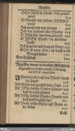 Register derer in diesem Büchlein begrieffenen Lieder, nach Ordnung des ABC eingerichtet