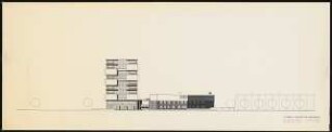Technische Universität Berlin Architekturgebäude: Ansicht von Süden auf Hochhaus und Flachbau 1:200 (Zeichnung des Architekten)