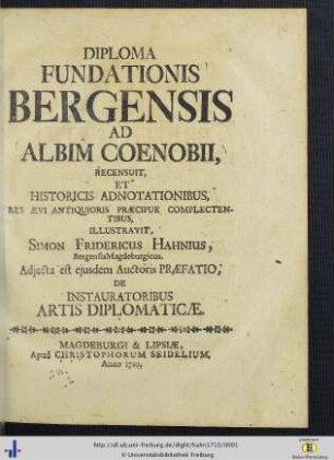 Diploma Fundationis Bergensis Ad Albim Coenobii