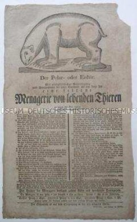 Werbezettel für eine Schaustellung von lebenden Tieren; undatiert (um 1800)