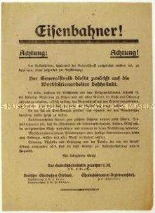 Aufruf an die Frankfurter Eisenbahnmitarbeiter zur Beschränkung des Generalstreiks im Zuge des Lüttwitz-Kapp-Putsches auf die Werkstätten