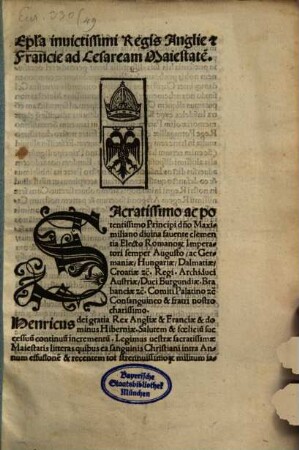 Epistola invictissimi Regis Angliae et Franciae ad Caesaream Maiestatem