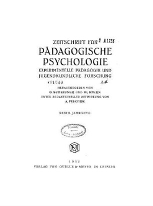 33: Zeitschrift für pädagogische Psychologie und Jugendkunde - 33.1932