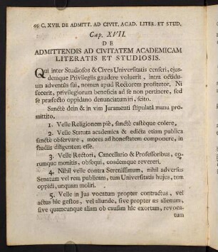 XVII. De Admittendis ad Civitatem Academicam Literatis et Studiosis.