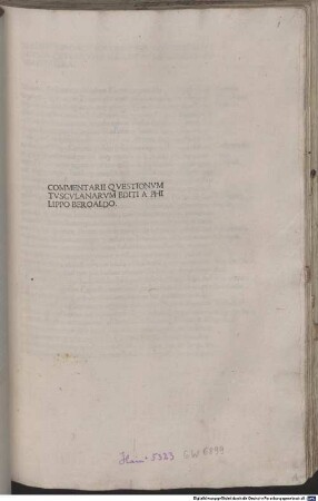 Tusculanae disputationes : mit Kommentar und Widmungsbrief an Philippus Mora von Philippus Beroaldus