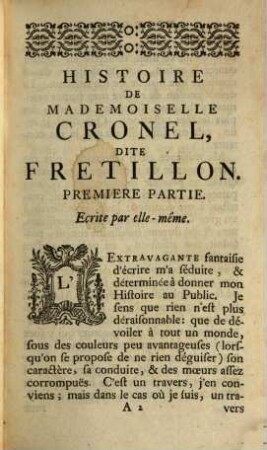 Histoire De Mademoiselle Cronel Dite Fretillon, Actrice de la Comédie de Roüen, 1