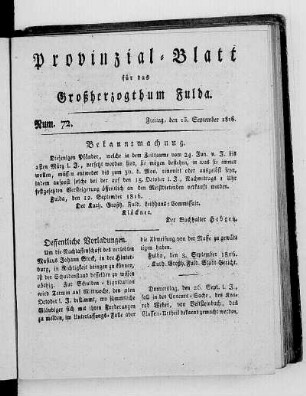 Num. 72., Ausgabe vom 13. September 1816