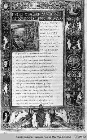 Vergil: Aeneis : Folio mit Randbordüre, eingeschlossenem Sassettiwappen, Text und Miniatur mit der Darstellung des Falls von Troja
