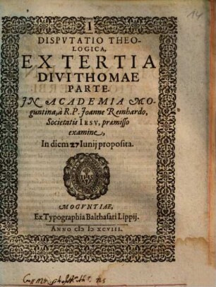 Disputatio Theologica, Ex Tertia Divi Thomae Parte