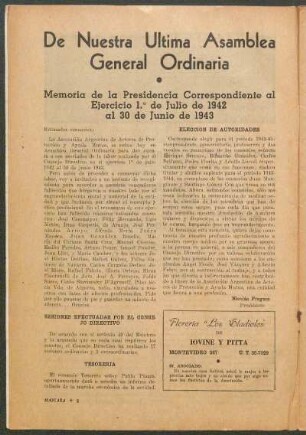 De Nuestra Última Asamblea General Ordinaria : Memoria de la Presidencia Correspondiente al Ejercicio 1.° de Julio de 1942 al 30 de Junio de 1943