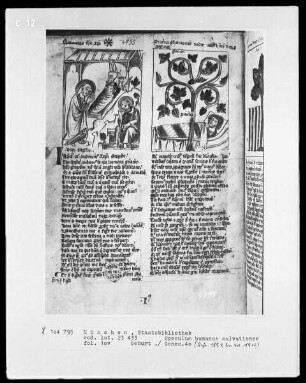 Speculum humanae salvationes — Textseite mit zwei Miniaturen, Folio 10verso