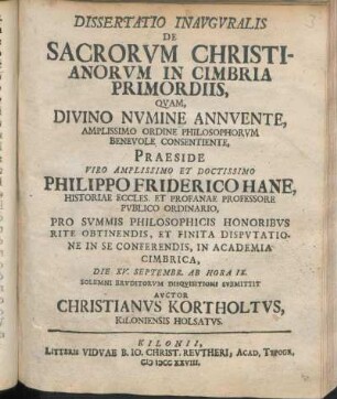 Dissertatio Inavgvralis De Sacrorvm Christianorvm In Cimbria Primordiis