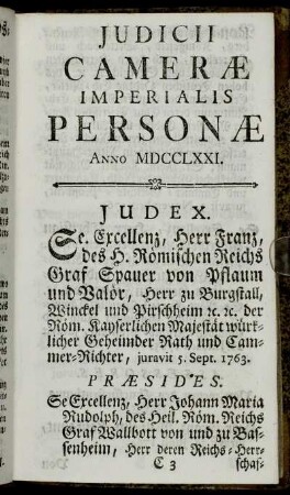 Judicii Cameræ Imperialis Personæ Anno MDCCLXXI.