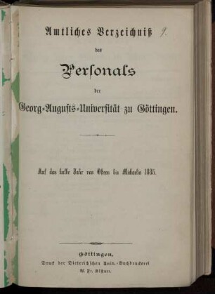 SS 1885: Personal-Bestand der Georg-Augusts-Universität zu Göttingen