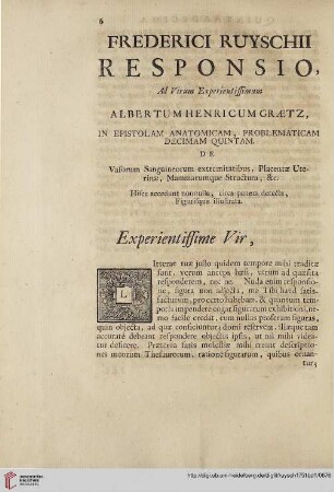 Frederici Ruyschii responsio, ad virum experientissimum Albertum Henricum Graetz […]