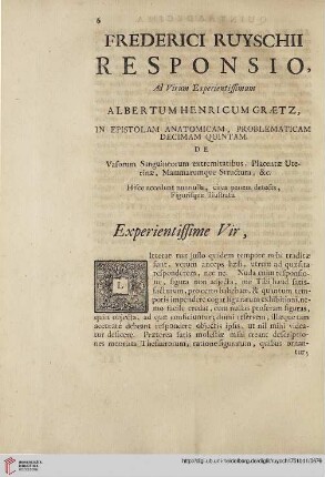 Frederici Ruyschii responsio, ad virum experientissimum Albertum Henricum Graetz […]