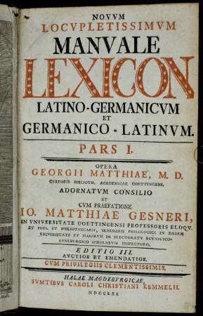 Pars 1: Novum Locupletissimum Manuale Lexicon Latino-Germanicum Et Germanico-Latinum