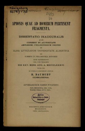 Apionis quae ad Homerum pertinent fragmenta