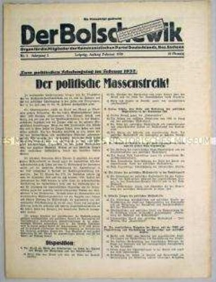 Mitteilungsblatt der KPD des Bezirkes Dresden "Der Bolschewik" zum politischen Massenstreik