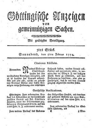 5tes Stück. Sonnabend, den 5ten Februar 1774.