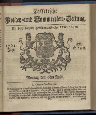 27. Stueck, Montag den 6ten Julii 1761