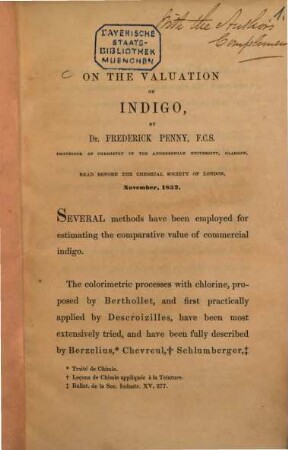 On the valuation of indigo : read before the Chemical Society in London, November, 1852