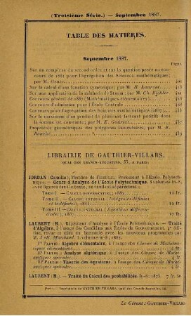 Table des matières. Septembre 1887.