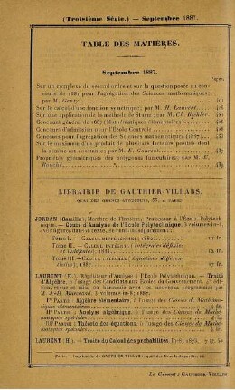 Table des matières. Septembre 1887.