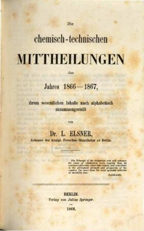 Die chemisch-technischen Mitteilungen der neuesten Zeit. 16. 1866/67 (1868)