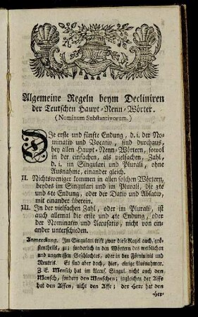 Allgemeine Regeln beym Decliniren der Teutschen Haupt-Nenn-Wörter.