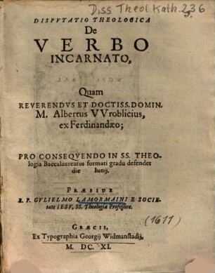 Dispvtatio [Disputatio] Theologica De Verbo Incarnato