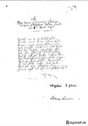 Brief(e) von Maria Tugendreich Gleim und Johann Wilhelm Ludwig der Jüngere Gleim an Johann Wilhelm Ludwig Gleim