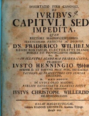 Dissertatio Ivris Canonici, De Ivribvs Capitvli Sede Impedita