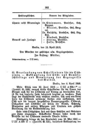 Beurlaubung von Schulkindern für die Obsternte. - Bekämpfung der Obst- und Gemüseschädlinge und Verwertung der Erzeugnisse des Waldes : [D. Allgemeine Angelegenheiten der Unterrichtsanstalten]