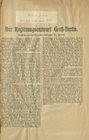 Der Regierungsentwurf Groß-Berlin : Aeußerungen des Unterstaatssekretärs Dr. Freund