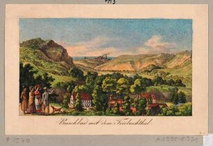 Blick vom Götterfelsen auf die Kaltwasser-Heilanstalt Buschbad (Meißen-Buschbad) im Triebischtal und den Felsen Hohe Eifer, im Hintergrund die Stadt Meißen, aus "Die Stadt Meißen", 1829 von Paul Reinhard