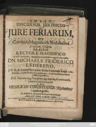 Discursus Iuridicus De Iure Feriarum