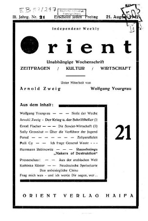 Orient : unabhängige Wochenschrift ; Zeitfragen, Kultur, Wirtschaft